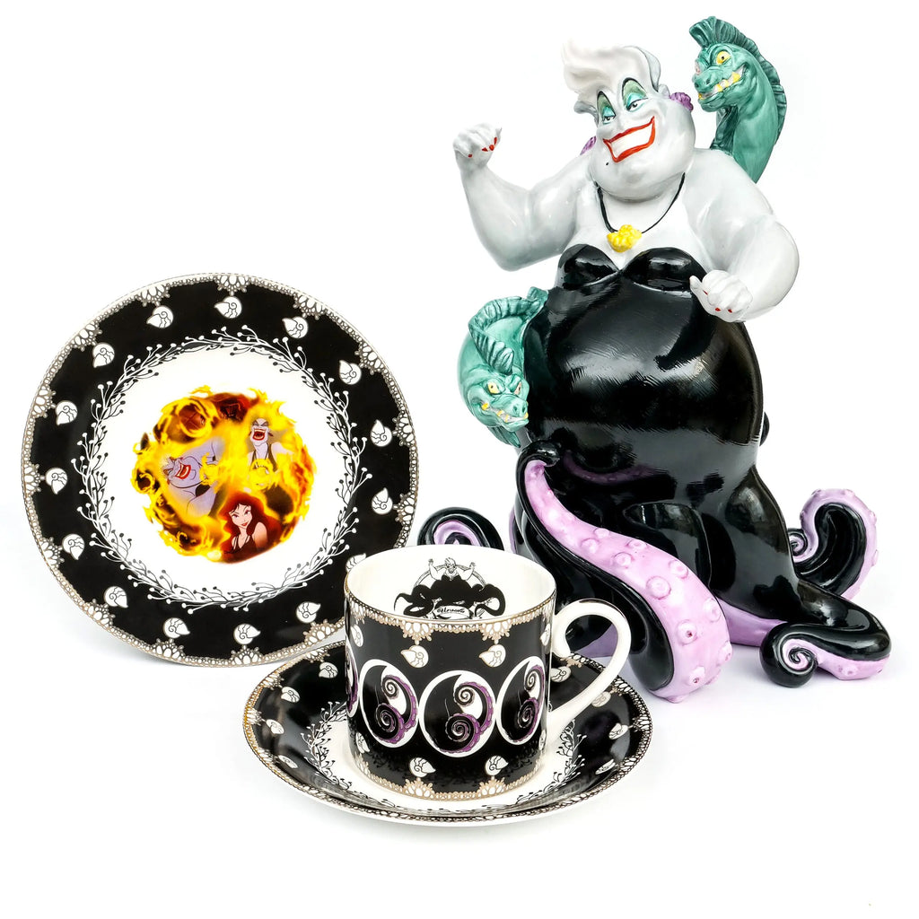 Fine bone china cup and saucer with black glaze, purple swirls, and flame character medallion