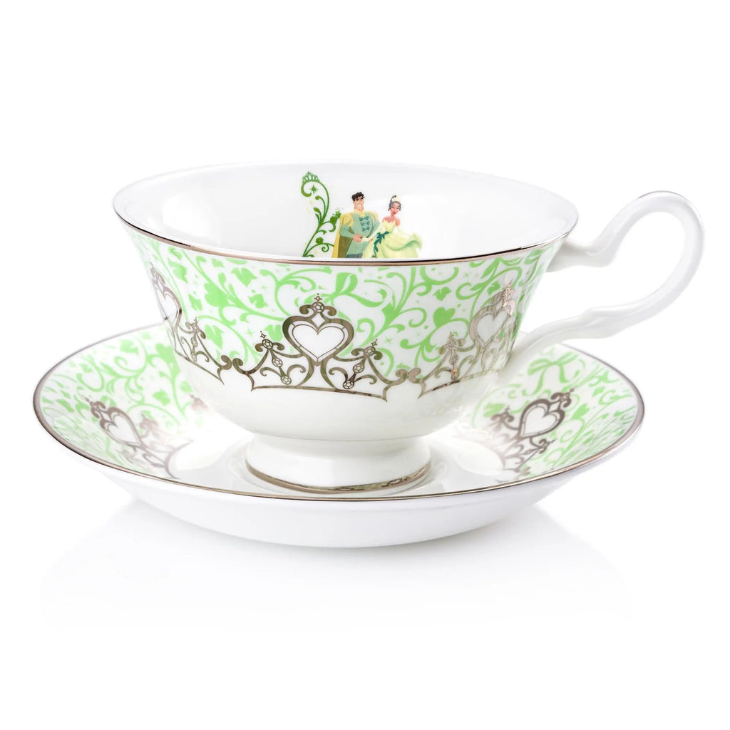 Fine bone china wedding tea cup and saucer, white with green floral filigree and handle