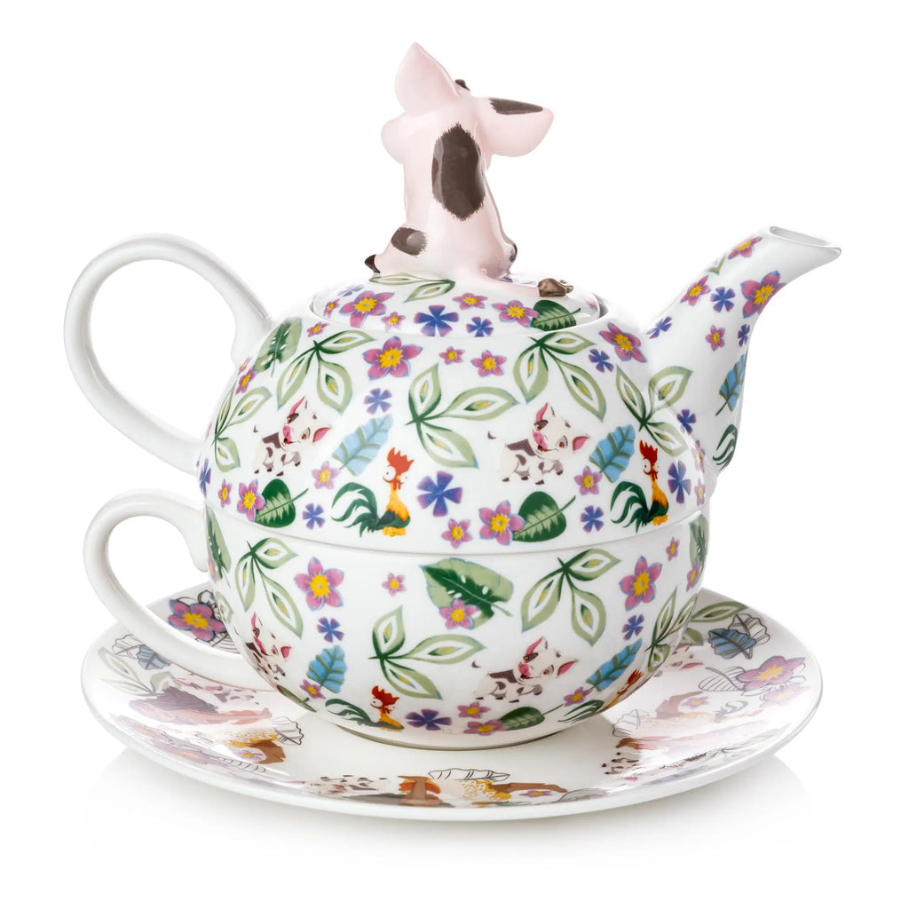 Bone china teapot on saucer with cow lid figurine; floral and jungle animal pattern