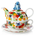 Fine bone china tea set with blue Stitch lid, floral teapot, cup and saucer