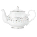 White fine bone china teapot with multicolor floral lattice pattern and domed lid finial