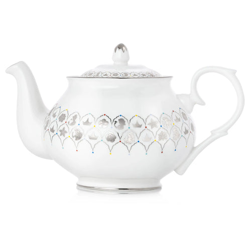 White fine bone china teapot with multicolor floral lattice pattern and domed lid finial