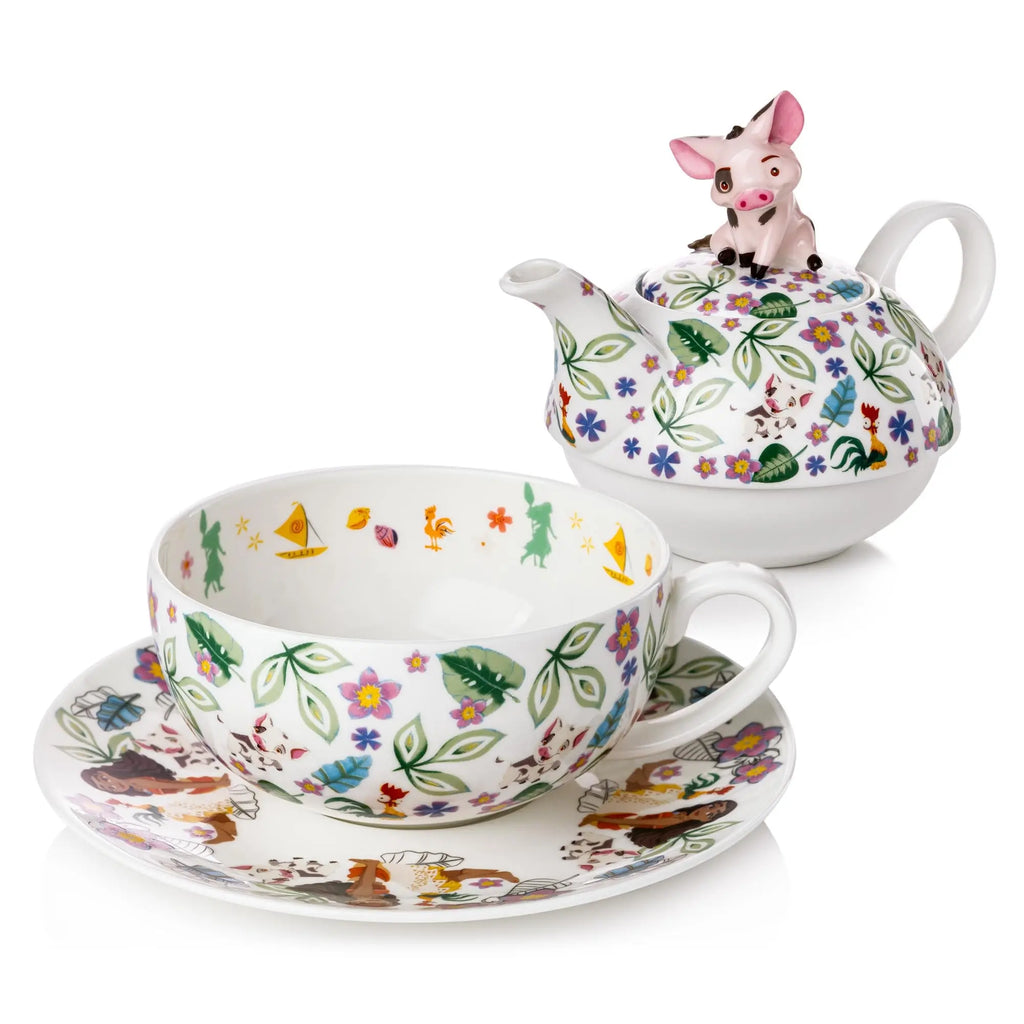 Bone china teapot and cup set with cow finial, colorful animal and flower motif on white