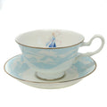 Fine bone china cup and saucer set, light blue with gold rim and Elsa-style art