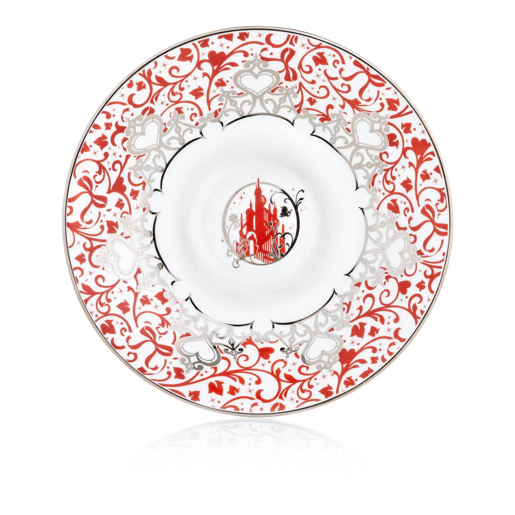 Fine bone china saucer with red scroll border, heart accents, and central cathedral scene