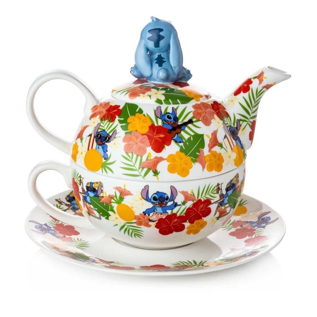Fine bone china teapot and cup set with blue Stitch figurine lid and floral pattern