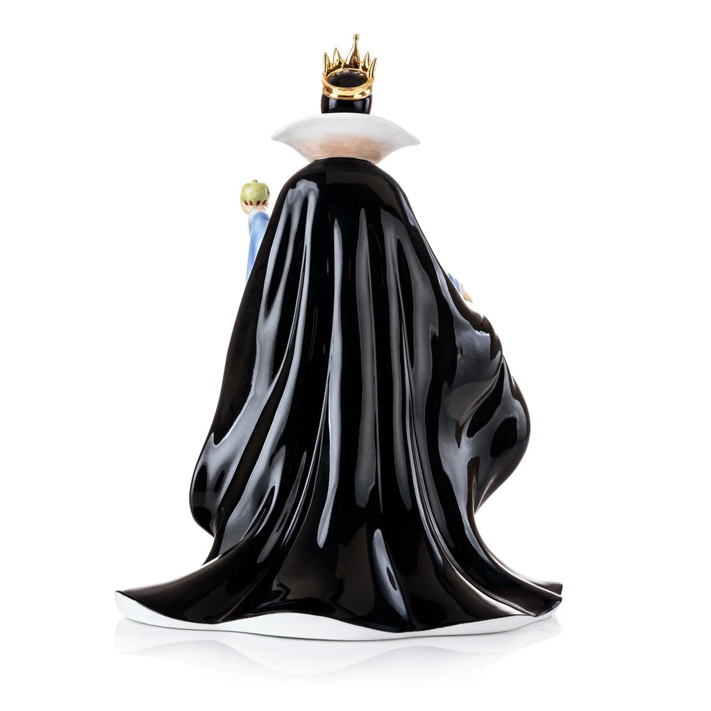 Fine bone china queen figurine back view in glossy black cloak, gold crown