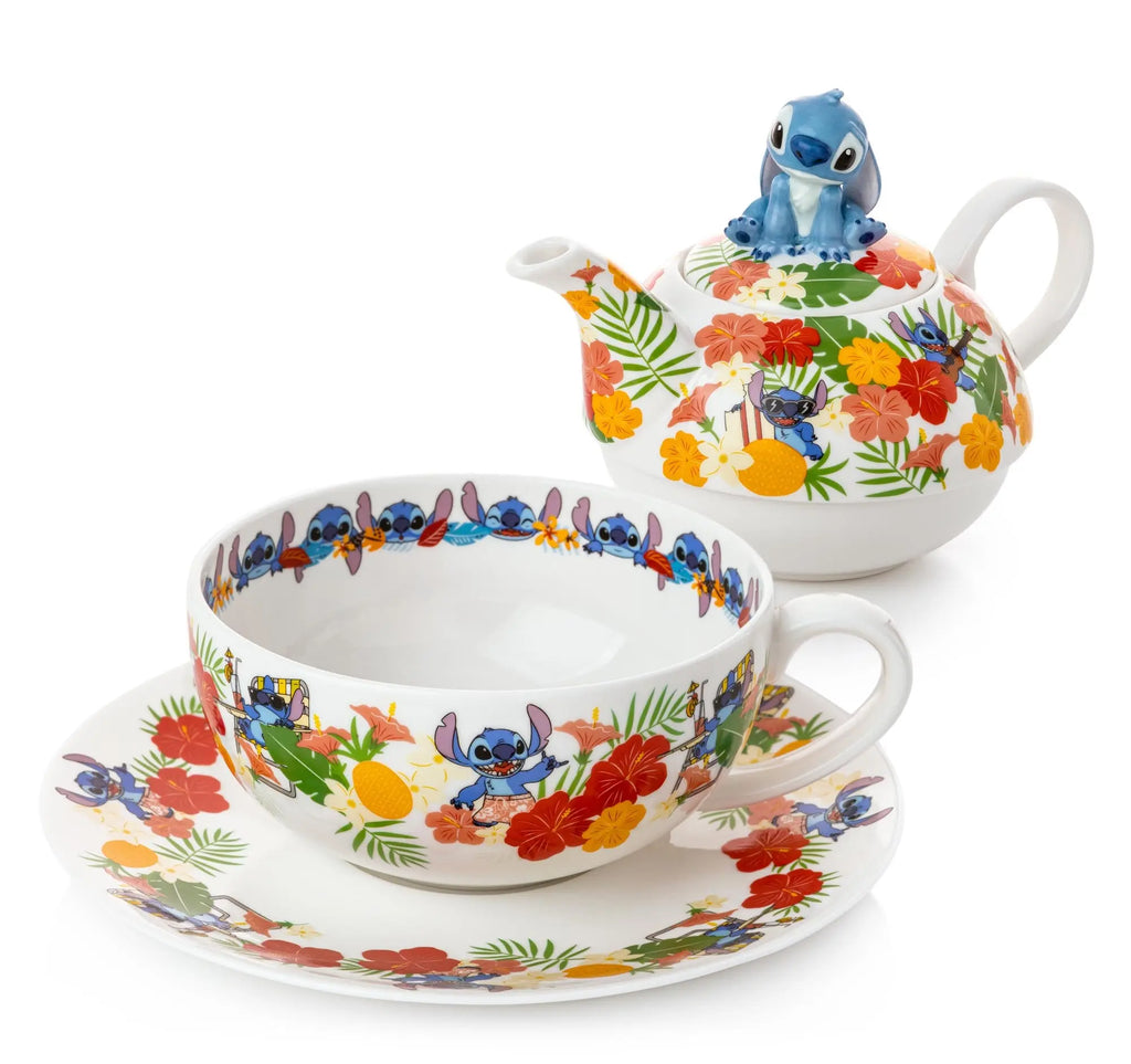 Fine bone china tea set with flower-print teapot, blue Stitch lid, cup and saucer