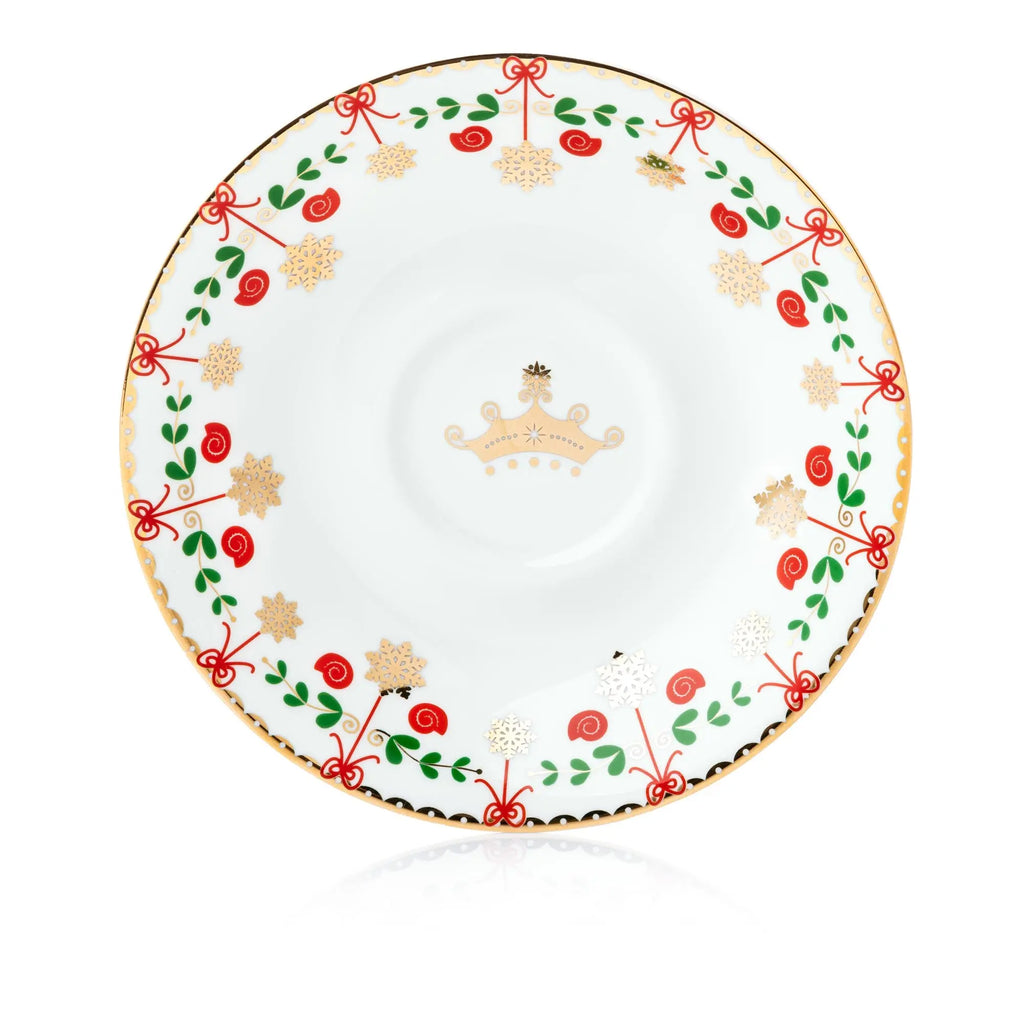 Christmas saucer plate, white with red green floral pattern and gold crown emblem