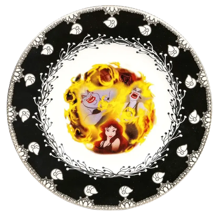 Fine bone china decorative plate with black rim, white floral border, and fiery Ursula scene
