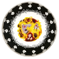 Fine bone china decorative plate with black rim, white floral border, and fiery Ursula scene