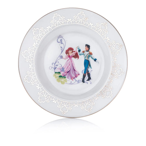 Round fine bone china wedding plate with silver filigree rim and couple illustration