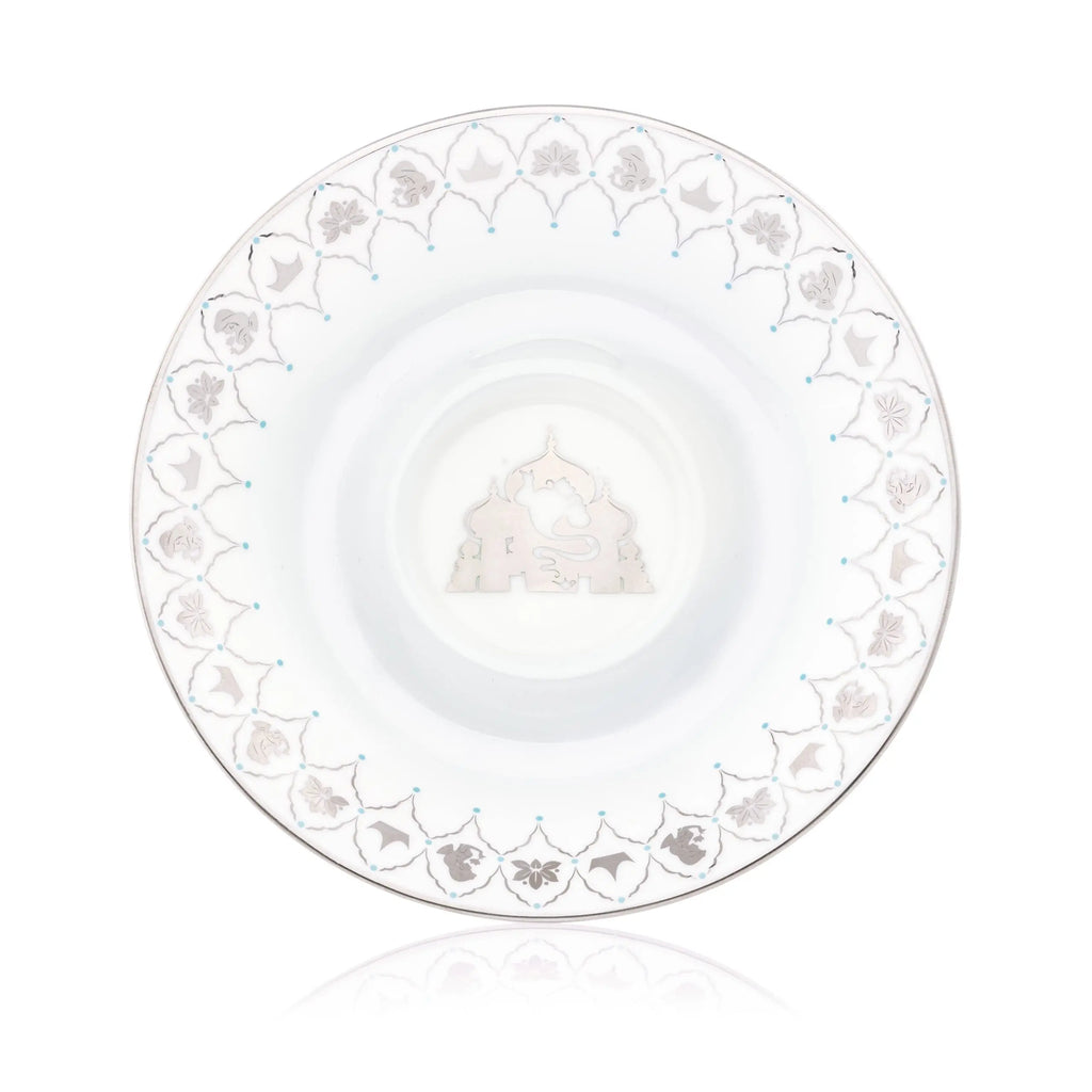 Matching saucer plate in fine bone china, white with gray floral rim and blue accents