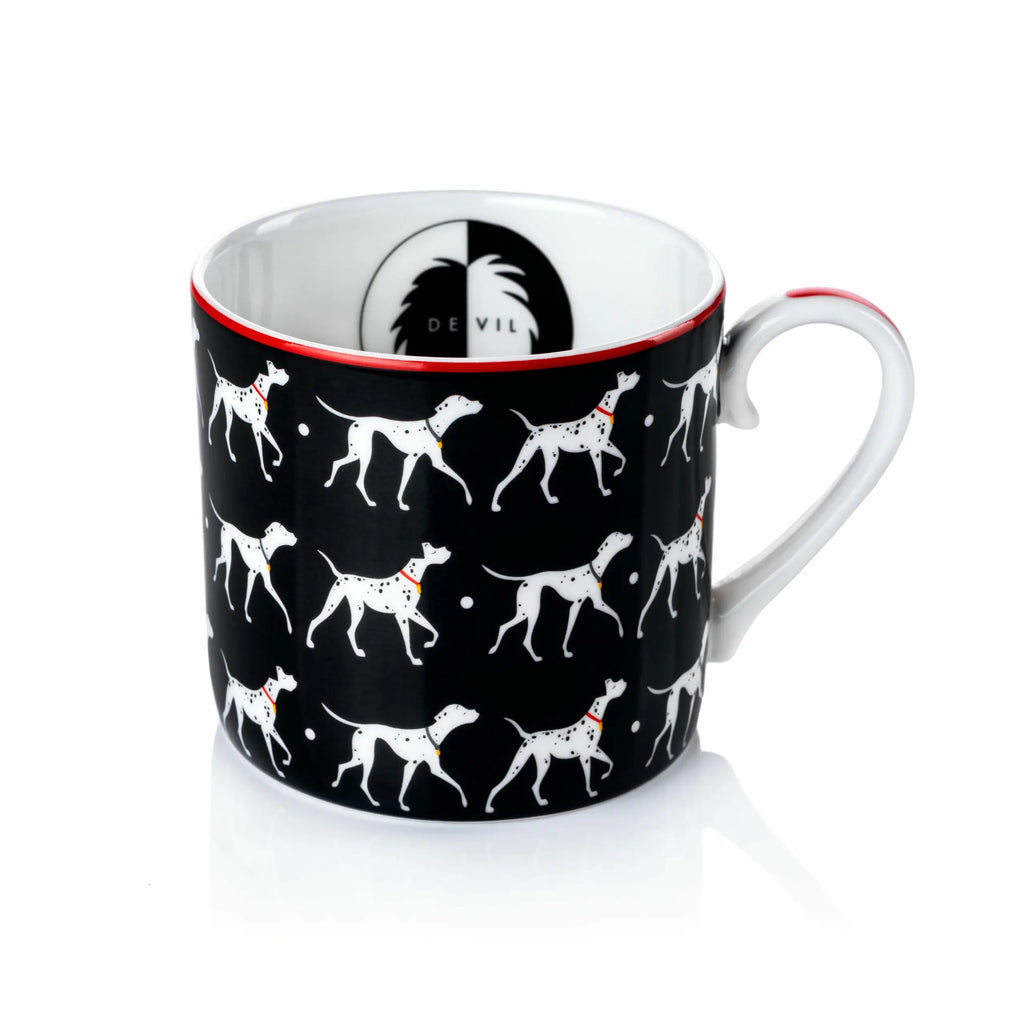 Fine bone china cup with black dog silhouettes, red rim detail, and white handle
