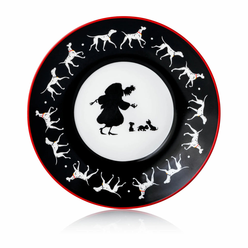 Fine bone china saucer top with Cruella silhouette and dalmatian border