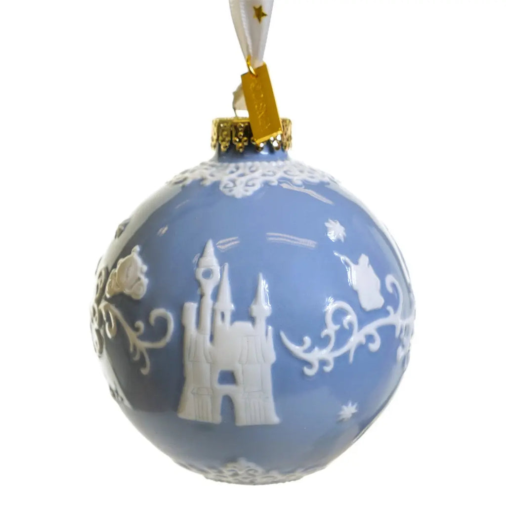 Blue fine bone china bauble ornament with white castle and snowflake design