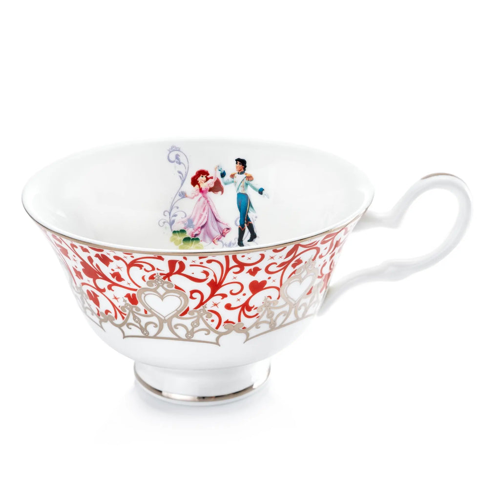 White fine bone china teacup with red scroll design and courting couple motif, side handle